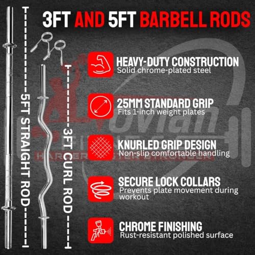 Image of Steel Weight Plates Combo 70KG | Home Gym Steel Set with 5Ft Straight Barbell Rod & 3Ft Curl Bar (25mm), Pair of Steel Dumbbell Rods, Heavy-Duty Collars, Hand Gripper & Gym Gloves - Complete Strength Training Kit for Home Workout