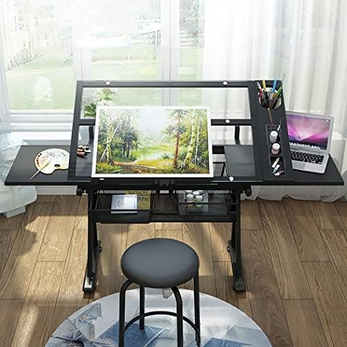 Drafting Desk, Adjustable Drafting Table, Tempered Glass Drafting Table Art Desk, Adjustable Height Tilting Artwork Drawing Drafting Table Desk with 2 (