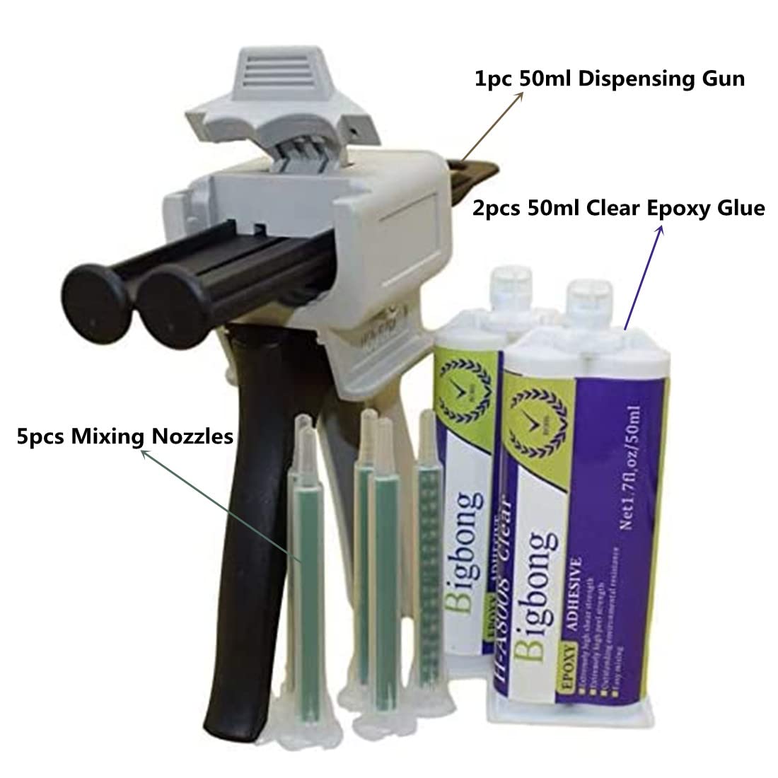 Bigbong 1:1 Dispensing Gun Manual Applicator Adhesive Dispenser & 5pcs Static Mixing Nozzles Mixed Tips & 2pcs 50ml Epoxy Adhesives Glue 2-Part Quik Cure Epoxy Glue for Stone Metal Tile Wood Marble
