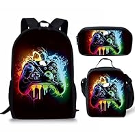 Gaming Backpack for Boys, Waterproof Lightweight 3-Piece School Bag Set with Lunch Bag & Pencil Case, Large Capacity School Bag for Kids 6-14 Years, Perfect for Elementary (game006, Black)
