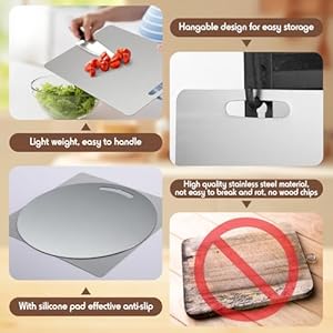 Patelai 2 Pcs Stainless Steel Cutting Boards for Kitchen 304 Steel Chopping Board Metal Round Chopping Board with Non-slip Rubber Pad for Meat Vegetables Dishwasher Safe,13.4" x 9" and 11.8" x 11.8" Patelai 2 Pcs Stainless Steel Cutting Boards for Kitchen 304 Steel Chopping Board Metal Round Chopping Board with Non slip Rubber Pad for Meat Vegetables Dishwasher Safe134 x 9 and 118 x 118