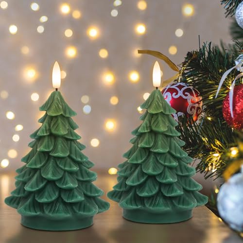 Image of Wondise Christmas Tree Flameless Candles Timer, 2 Packs Green Real Wax Battery Operated 3D Wick LED Flickering Candles Realistic Christmas Tree for Christmas Holiday Indoor Dinner Decor(2.76 inch x 5.9 inch)