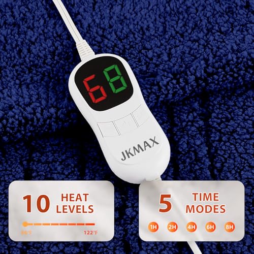 JKMAX Heated Electric Blanket Full Size - 72"x84" Heating Blanket with 10 Heating Levels & 5 Time Settings Over-Heat Protection, Winter Warmer for Adults with ETL Certification(Navy Blue)