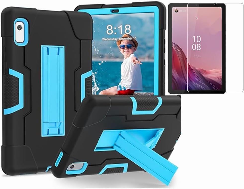 L00KLY Case for Lenovo Tab M9 2023,Case with Screen Protector Kickstand Heavy Duty Cover 3 in 1 Rugged Shockproof Protective Tablet Case for Lenovo Tab M9 9.0 inch 2023 (TB-310FU) (Black/Blue)