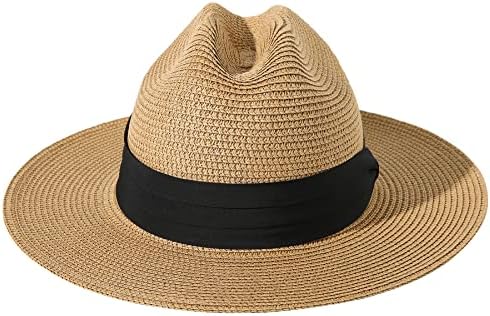 Lanzom Women Men Wide Brim Beach Sun Straw Hat UPF50 Travel Foldable Brim Summer Straw Cowboy Hat (Khaki, Medium)