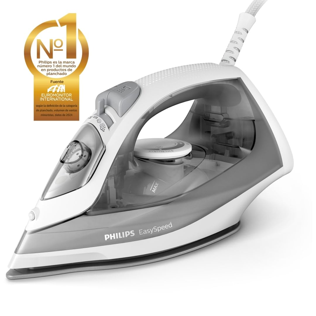 Philips EasySpeed Plancha de Vapor, 2000W de Potencia, Golpe de Vapor de 100g, Depósito de Agua de 220ml, Suela Cerámica Antirrayas, Sistema Antigoteo, Control Calc-Clean (GC1751/80)