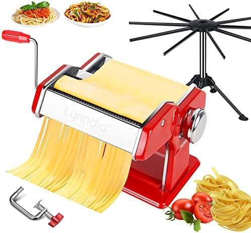 Lynndia Pasta Maker Machine Stainless Steel Manual, 9 Adjustable Thickness Settings, Includes Pasta Roller, Cutter, Removable Handle and Pasta Drying Rack, Perfect for Spaghetti (Red)