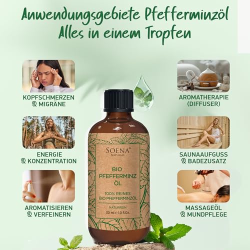 BIO PFEFFERMINZÖL | 100% Natürlich & Pur - Ätherisches Öl | Minzöl - | Aromatherapie - Lindert Kopfschmerzen | Therapeutisches Öl