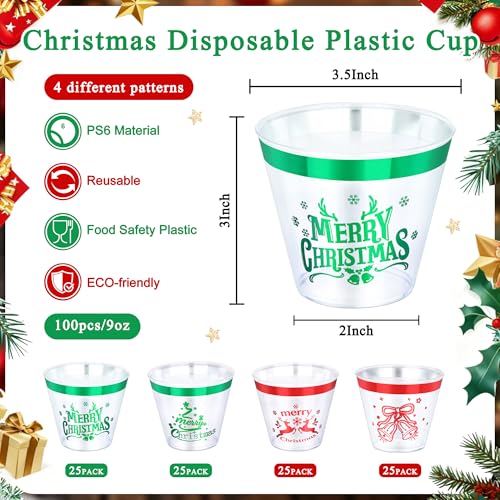 Image of 100 Pcs Christmas Party Cups,9Oz Merry Christmas Plastic Cups,Heavy Duty Christmas Tree Bell Deer Clear Disposable Plasitc Tumblers Wine Cup for Xmas Party,Holiday,Birthday
