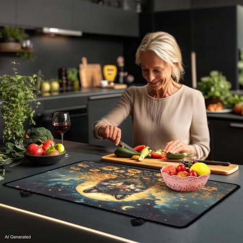 Image of Stove Top Covers for Electric Stove Anti-Scratch Flat Induction Cooktop Cover Mat Ceramic Glass Stove Top Protector with Rubber Backing, 29 x 21 Inch, Wolf Moon Planet Sunflower