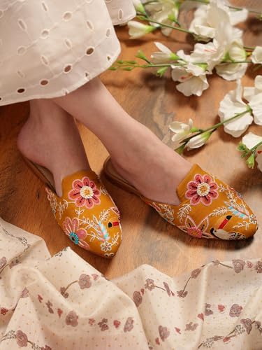 Image of OPIVE's Mehandi Women's Mojari Jutti Ethnic Punjabi Juttis Traditional Flat Embroidered Canvas Fancy Bellies Comfortable Sole for Womens & Girls