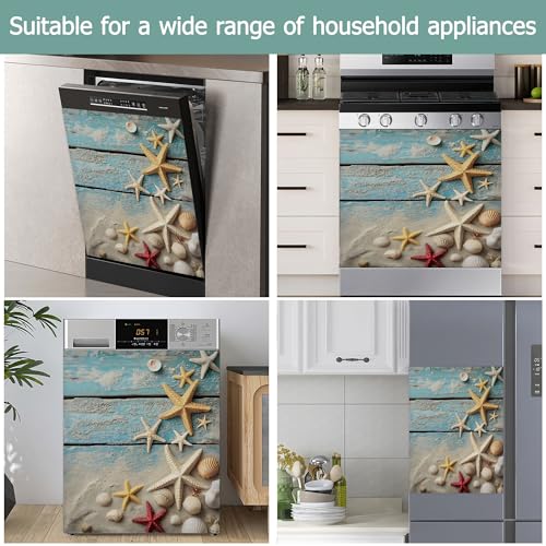 Image of Beach Starfish Dishwasher Magnets Decorative Cover,Summer Blue Wood Board Waterproof Magnetic Dishwasher Cover Panel,Refrigerator Magnet Cover for Kitchen Home Decor 23x26 Inch