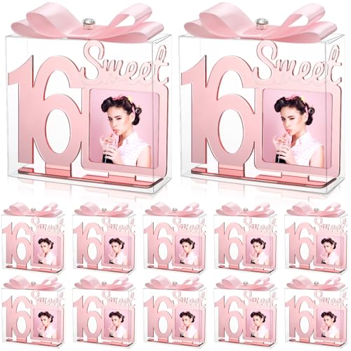 Image of Geelin 12 Set Sweet 16 Party Favors for Guests 16th Acrylic Photo Frame Kit Rose Gold Sweet Sixteen Happy Birthday Party Decorations for Guests Girls Gifts Birthday Supplies