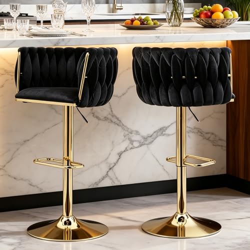 ECHINGLE Bar Stools Set of 2 Adjustable Swivel Counter Height Barstools with Woven Back & Gold Legs Velvet Bar Chairs for Kitchen Island Pub 350lbs(Black)