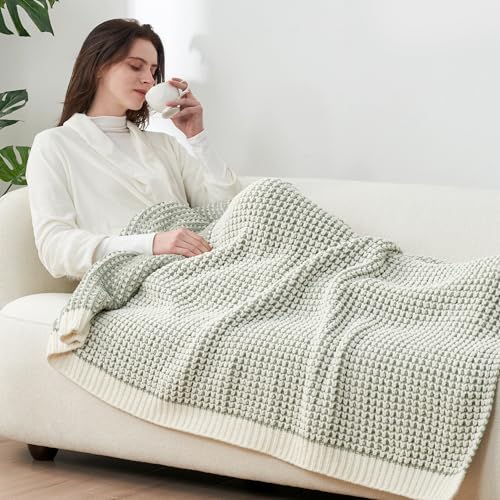 Amélie Home Waffle Chenille Throw Blanket for Couch, Pineapple Stitch Knit Soft Cozy Knit Blanket Decorative Throw for Sofa, Chair, 50"x60", Sage Green&Ivory