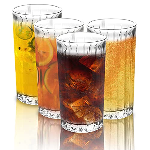 Drinking Glasses Set of 4,14 Ounce Cocktail Highball Glasses Tall Cups for Summer Drink Textured Designer Glassware for Beer Trendy and Elegant Design Dishware Drinking Glasses Set of 4,14 Ounce Cocktail Highball Glasses Tall Cups for Summer Drink Textured Designer Glassware for Beer Trendy and Elegant Design Dishware
