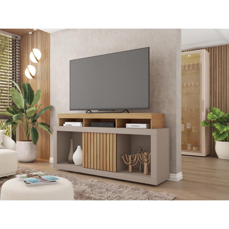 Meuble TV 55 Pouces Chêne et Gris 1 Porte 6 roulettes L 136 H 74 P 39 cm