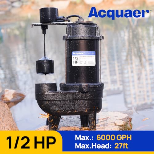 Image of Acquaer 1 /2HP Sump Pump Submersible, 6000 GPH Cast Iron Sewage Pump with Automatic Integrated Vertical Float Switch and Piggyback Plug, 2'' NPT Discharge Basements Pump for Sewers, Flood Zones