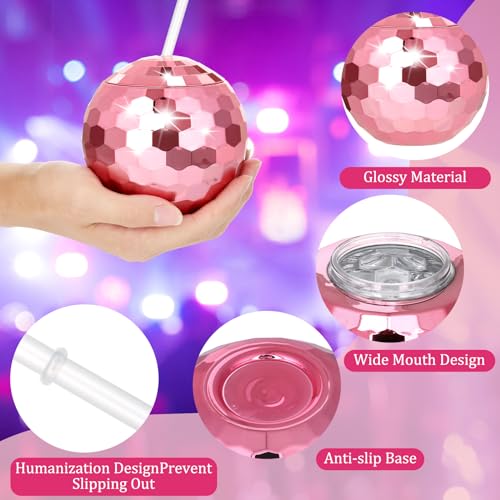 Image of tchrules 12PCS Pink Disco Ball Cups, Reusable Tumbler Disco Flash Bachelorette Party Cup Decorations Glitter Cocktail Ball Cups Spherical with Lid and Straw for Nightclub Bar Party Decor Supplies