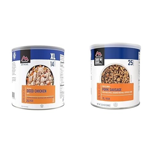 Mountain House Pollo cocido en cubitos Alimentos de supervivencia liofilizados y de emergencia Lata #10 Sin gluten, 30235-Salchicha de cerdo y