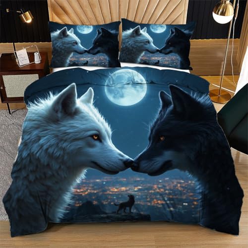 Juego de cama King de lobos azules con funda de edredón de microfibra de 86x90 2