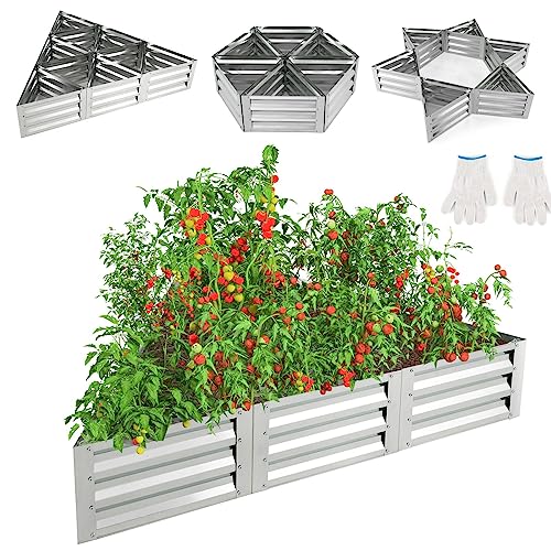 COSTWAY Galvanized Steel Raised Garden Bed, 6 PCS Triangular Elevated Planter Box Kit with Open Bottom and Gloves, Outdoor Vegetable Fruit Flower Herb Growing Box, 150 x 150 x 30cm