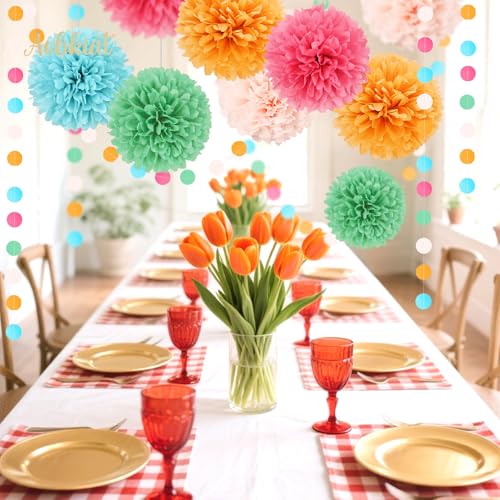 Image of AOBKIAT Rainbow Birthday Decorations for Girls Women,15PCS | Colorful Tissue Paper Pom Poms,Paper Garland String,for Candyland Theme Baby Shower Wedding Fiesta Party Hanging Backdrop