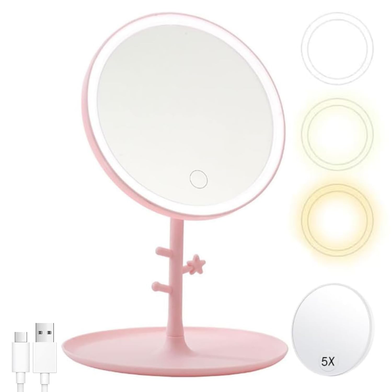 Kosmetikspiegel mit LED Licht, Schminkspiegel Beleuchtet für Schminken Rasieren und Tragen der Kontaktlinsen, 3 Lichtfarben und Dimmbare Helligkeit (pink)