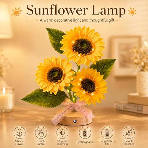 Image of Flower Table Lamps, Rechargeable Touch Dimming Sunflower Night Light, LED Artificial Flower Lamp, Table Centerpieces for Birthday Holiday Party Wedding Room Decoration