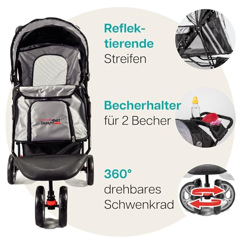 Hundebuggy Katzenbuggy - Innopet All Terrain Schwarz/Silber - Leichter 3 Rad Hundewagen - Räder pannensicher - Vorderad fixierbar Haustierwagen