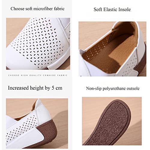 Image of Women's Round Toe Platform Wedge Slip On Loafers, Comfortable Genuine Leather Moccasin Low Top Casual Cutout Loafers.
