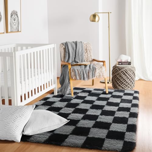 Image of KICMOR Area Rugs for Bedroom, Black and Grey Fluffy Shag Soft 3x5 Checkered Small Living Room Carpet, Indoor Fuzzy Shaggy Plush Rug for Kids Boys Girls Teen Dorm Nursery Bedside Home Decor Aesthetic
