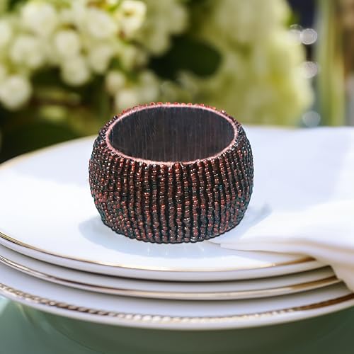 Image of COTTON CRAFT Glitz Beaded Napkin Rings - Set of 12 - Handmade Brown Napkin Ring Holders for Dining Table Decor - Elegant Beaded Napkin Rings for Weddings, Parties, Brunch, Holiday Table Settings