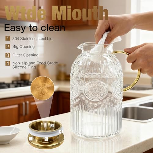 Image of Amzcku Glass Pitcher with Lid, 1 Gallon /128 oz Vintage Water Pitcher,Water Carafe for Cold Brew, Coffee, Lemonade, Iced Tea,Beverage, Heat Resistant Water Glass Jug 1Pack