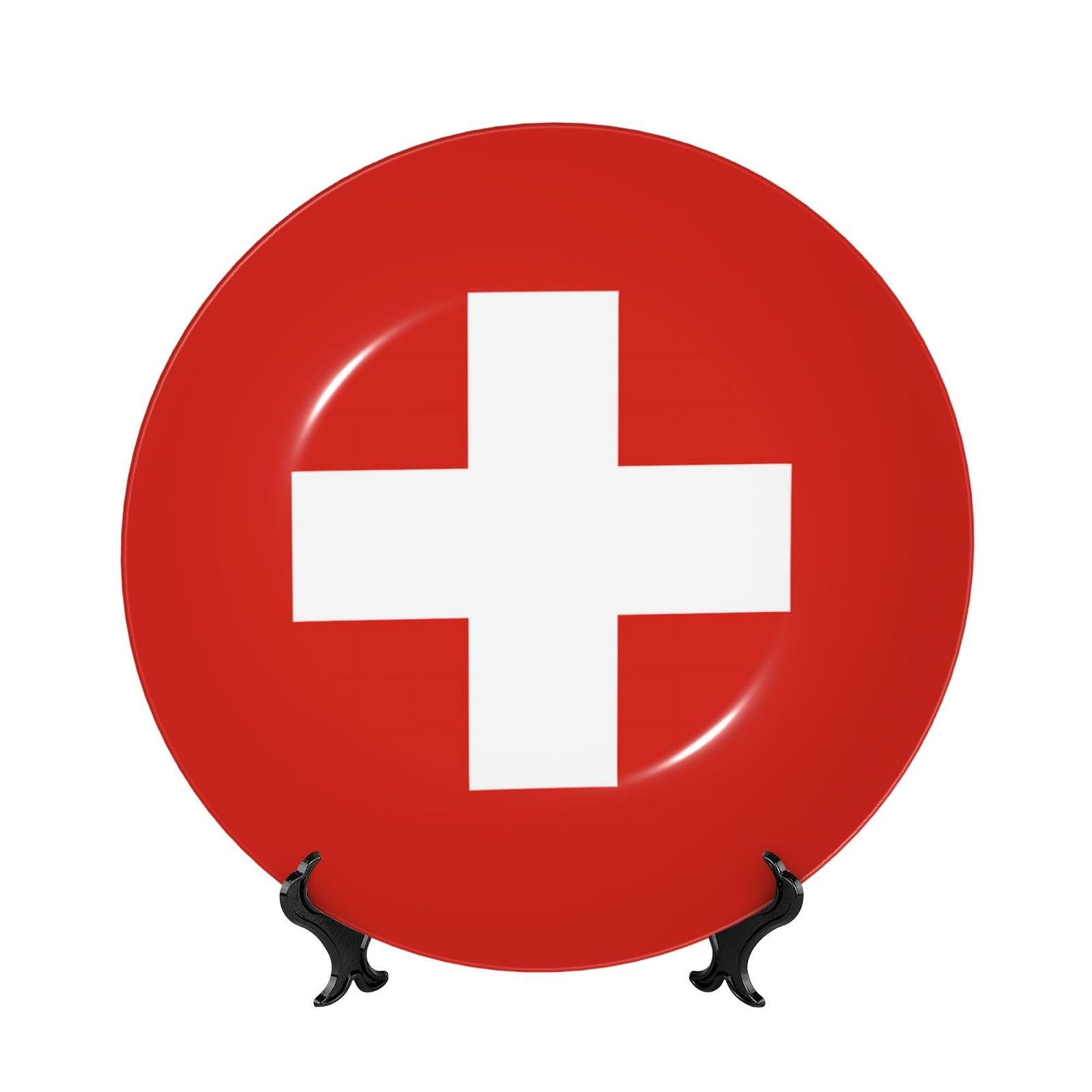 SXZVVBN Swiss Flag Bone China Decorative Plate Art with Stand Removable Adhesive Hanging for Home Office 6in（15cm）