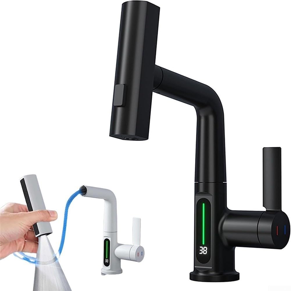 Grifo de cocina giratorio de 360 grados Pulverizador extraíble Pantalla de temperatura Grifo de fregadero de latón Cabezal de pulverización extensible RV Lavandería Grifo de baño (blanco)
