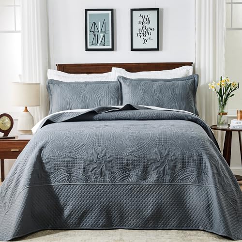 Qucover Oversized King Quilt 120x120, 3 Piece California King Size Bedspread, Soft Microfiber Lightweight Coverlet, Ultrasonic Quilting Vintage Pattern, Dark Grey