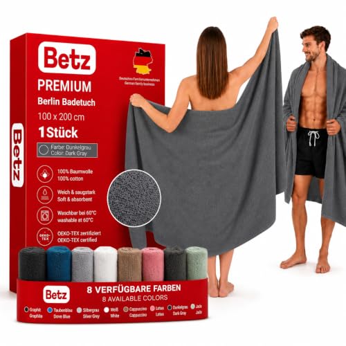 Betz Badetuch XXL 100x200 cm 1 Stück Saunatuch & Strandtuch aus 100% Baumwolle 360 g/m saugstark & weich großes Handtuch mit Aufhänger Serie Berlin Farbe Dunkelgrau