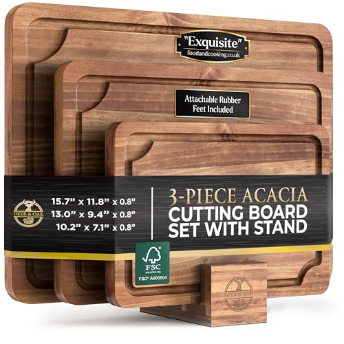 Pre-Oiled, Non Toxic 3-Piece Acacia Cutting Board Set with Stand, FSC Certified Wooden Chopping Boards with Juice Grooves for Meat. 3 Size Wood Carving Boards for Home & BBQ Kitchens by Deer & Oak