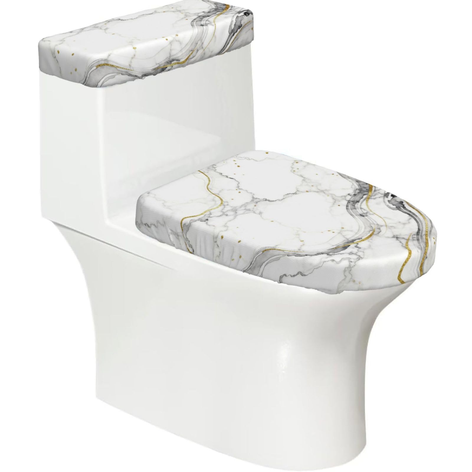Marble Gray Gold Elastic Toilet Cover Set of 2-Stretchy Lid and Tank Covers for Bathroom, Soft Washable U Shape Toilet Decor