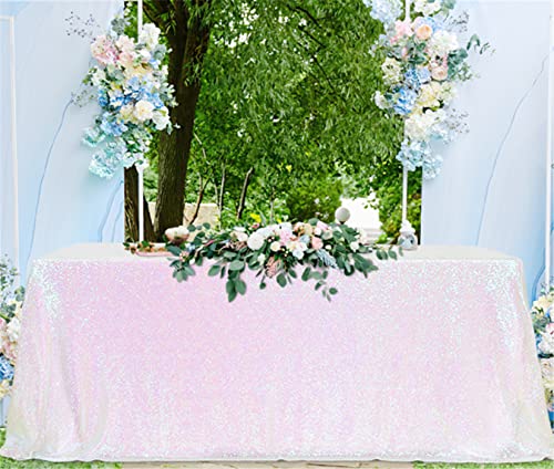 Image of B-COOL Iridescent Tablecloth Sequin Tablecloth Glitter Rectangle 90x90 inches White Iridescent Sparkle Sequin Fabric for Wedding Party Birthday Home Decoration