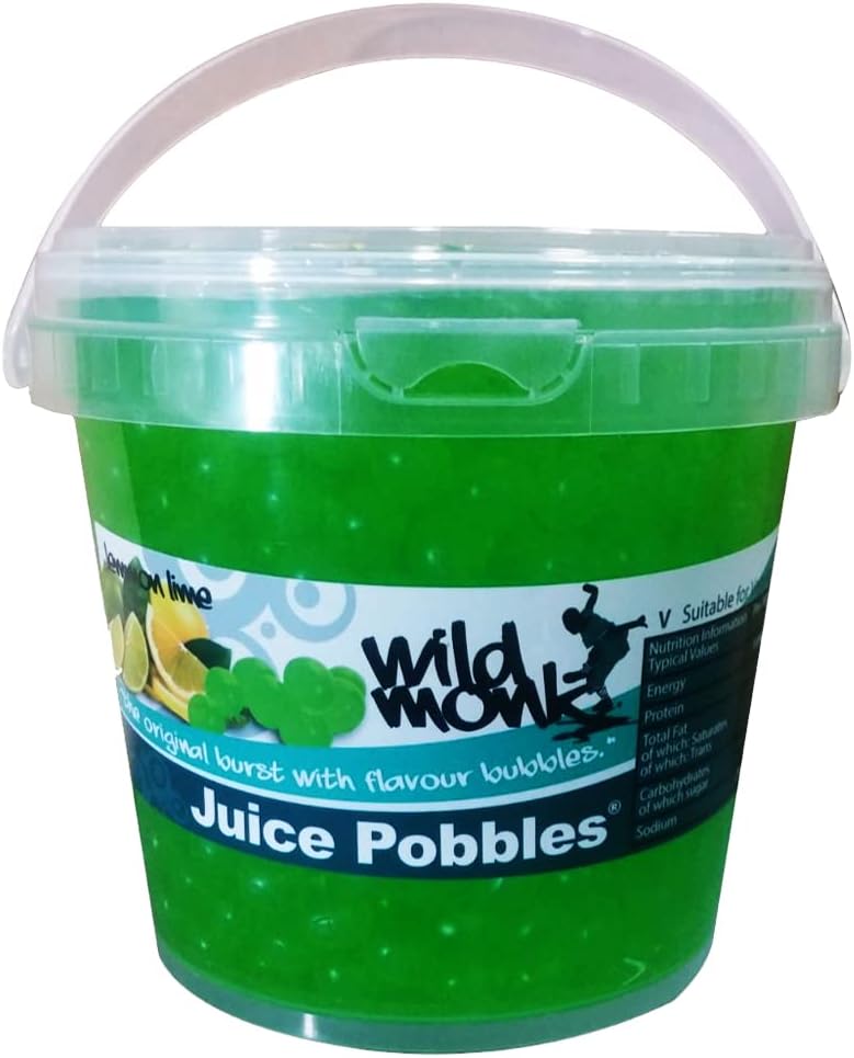 Wild Monk Lemon and Lime Juice Pobbles Tub 1.2 kg. Wild Monk Juice Pobbles 1.2kg. Great for Bubble Tea, Dessert Toppings, Prosecco and Cocktails. Made from Agar and 100% Vegan.