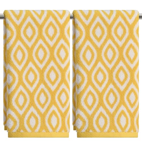 Artoid Mode 2 Pcs Beige Yellow Diamond Grid Jacquard Hand Towels for Bathroom 100% Cotton Soft Absorbent Bathroom Decor Towels 13.7 x 29.5 Inch