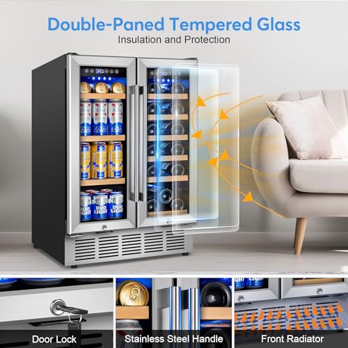 Image of Wine and Beverage Refrigerator with Glass Door, 24-Inch Dual Zone Wine Fridge Under Counter - 18 Bottle and 88 Can Large Capacity Led Blue Light Smart Fast Cooling Wine Cooler