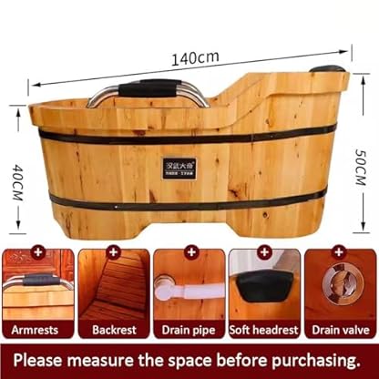 ZCBYBT Mobile Spa Tiefe Einweichung Wanne Japanische Art Massivholz Einweichung Badewanne Freistehende Holzbadewanne mit Armlehne,140cm – Bild 3