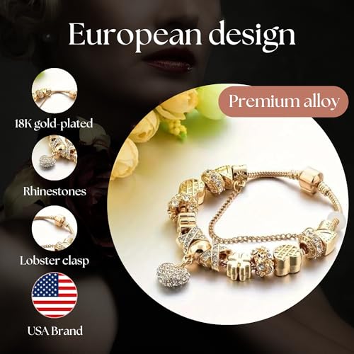 18K Gold-Plated Charm Bead Bracelet with Rhinestone Hearts - Lucky Clover & Adjustable Chain – DIY Zinc Alloy Tribal Ethnic Style – Exquisite Box & Pouch3