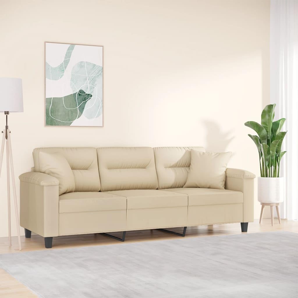 Canapé 3 Places en Tissu Microfibre crème avec oreillers, mobilier modulable pour Salon séjour, Design Moderne, Confort Optimal, Structure Robuste, idéal pour Espace de Vie