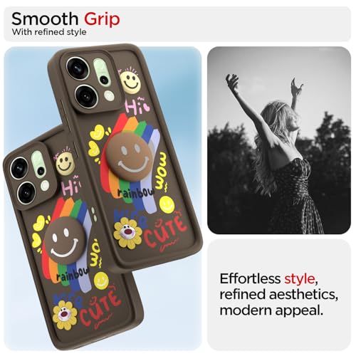 Image of Pikkme Back Cover for Oppo Reno 14 5G | Soft Silicone| Cute Rainbow Smile & 3D Cartoon Flower Design | Shockproof Raised Camera Protection Bumper Case (Brown)