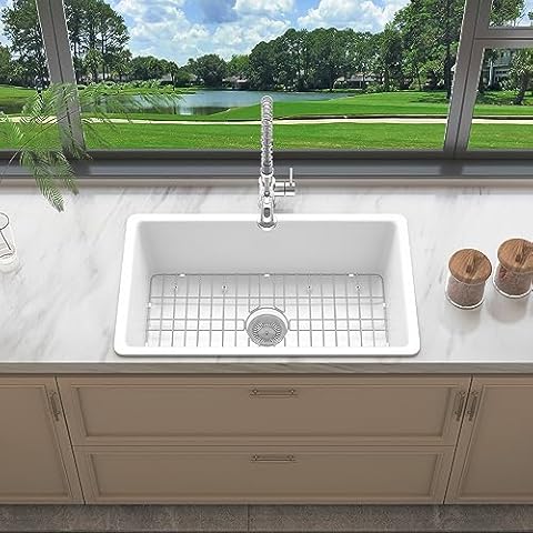 Sinber 32 Inch Drop in Single Bowl Kitchen Sink with Fireclay White Finish 2 Accessories F3219S-OLA Cover