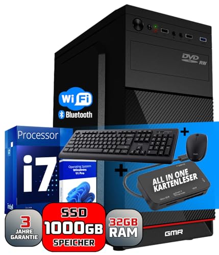 GMR Ultra i7 Business Office PC - Schneller Rechner | 3 Jahre Garantie | 32 GB RAM | 1000GB SSD | DVD±RW | USB 3 | Windows 11 Prof | WiFi-Bluetooth